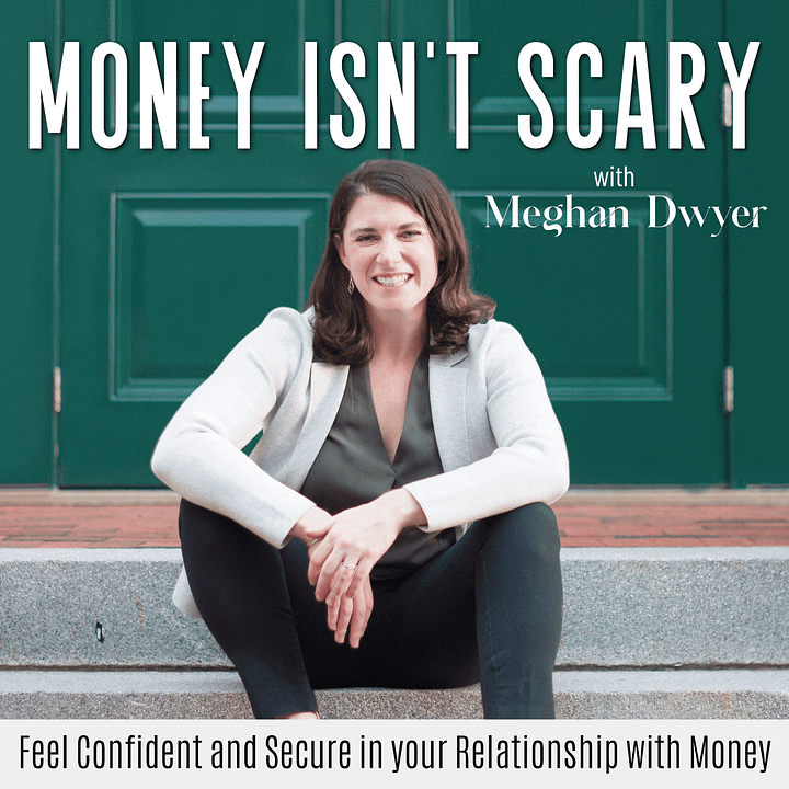 four podcast cover images for big brave business with sarah heeter, behind the bite with cristina castagnini, nutrition and life with lisa franz, and money isn't scary with meghan dwyer