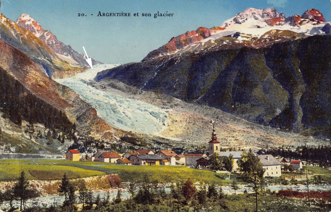 old photo, Alpine village, glacier