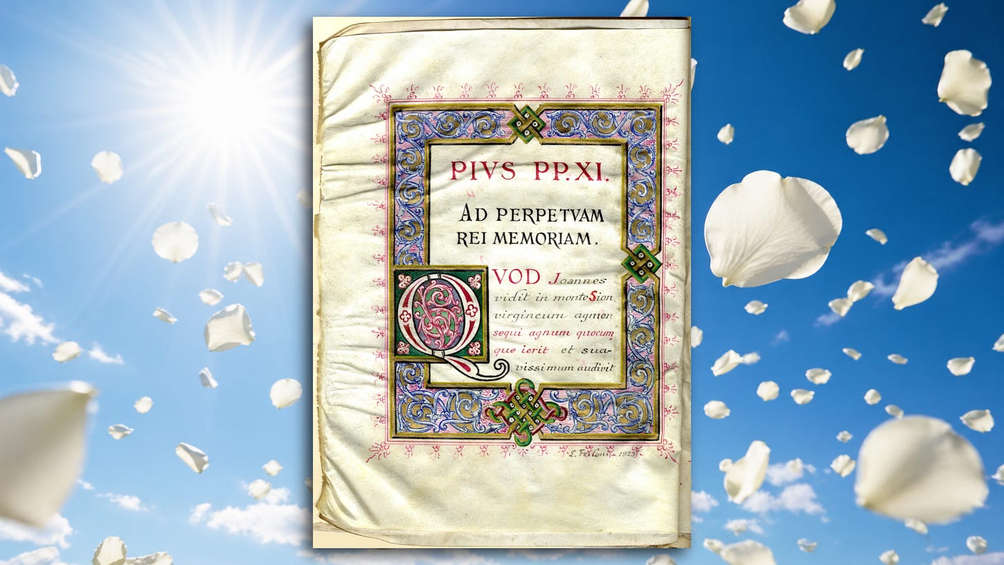 An illuminated parchment bearing the Apostolic Brief of Pope Pius XI is centered against a vivid blue sky with radiant sunlight, while white rose petals drift downward around it; the sky and petals are AI-generated.