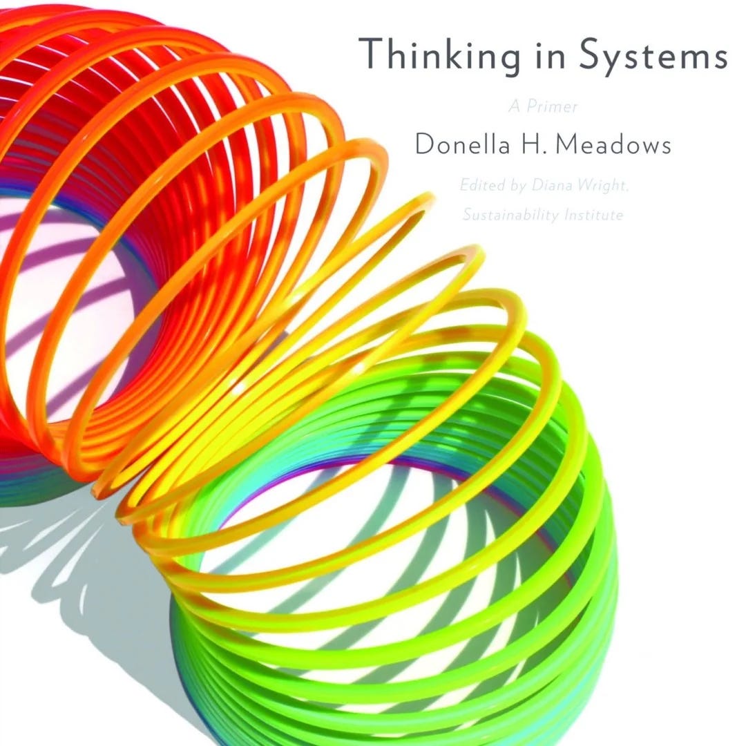Cover of Thinking in Systems: A Primer by Donella H. Meadows, edited by Diana Wright. The cover features a colorful, twisting Slinky casting a shadow on a white background.