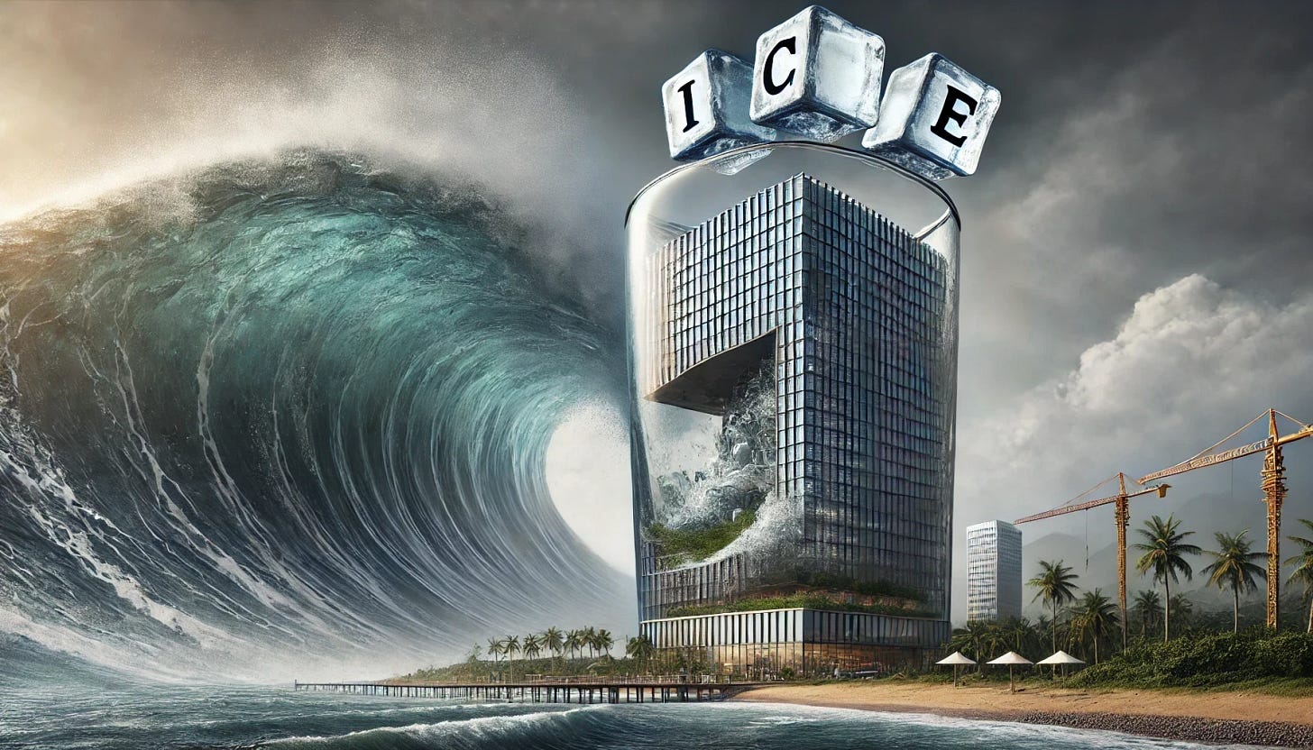 A futuristic corporate skyscraper shaped like a transparent drinking glass sits on a shoreline. The glass is filled with clear, rising water that lifts the building upwards. In the background, a massive tsunami wave approaches, but the skyscraper is elevating above it due to the increasing water level inside. The scene is dramatic, with a stormy sky and a sense of impending danger. The ice cubes have been removed from the image.