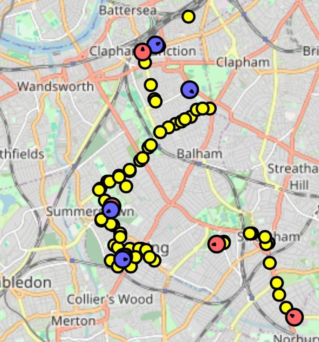 May be an image of ‎map, road and ‎text that says "‎Iham Battersea Wandsworth Brix Clapham hfields Clapha Piction ction : ORIOO OXtOSa Summer Summer.Qwn סס:: Balham ំផូះ Streathan Hill bledon Collier's Wood Merton V Pgham ham DON 8O Norbury erton Park Mitcham‎"‎‎
