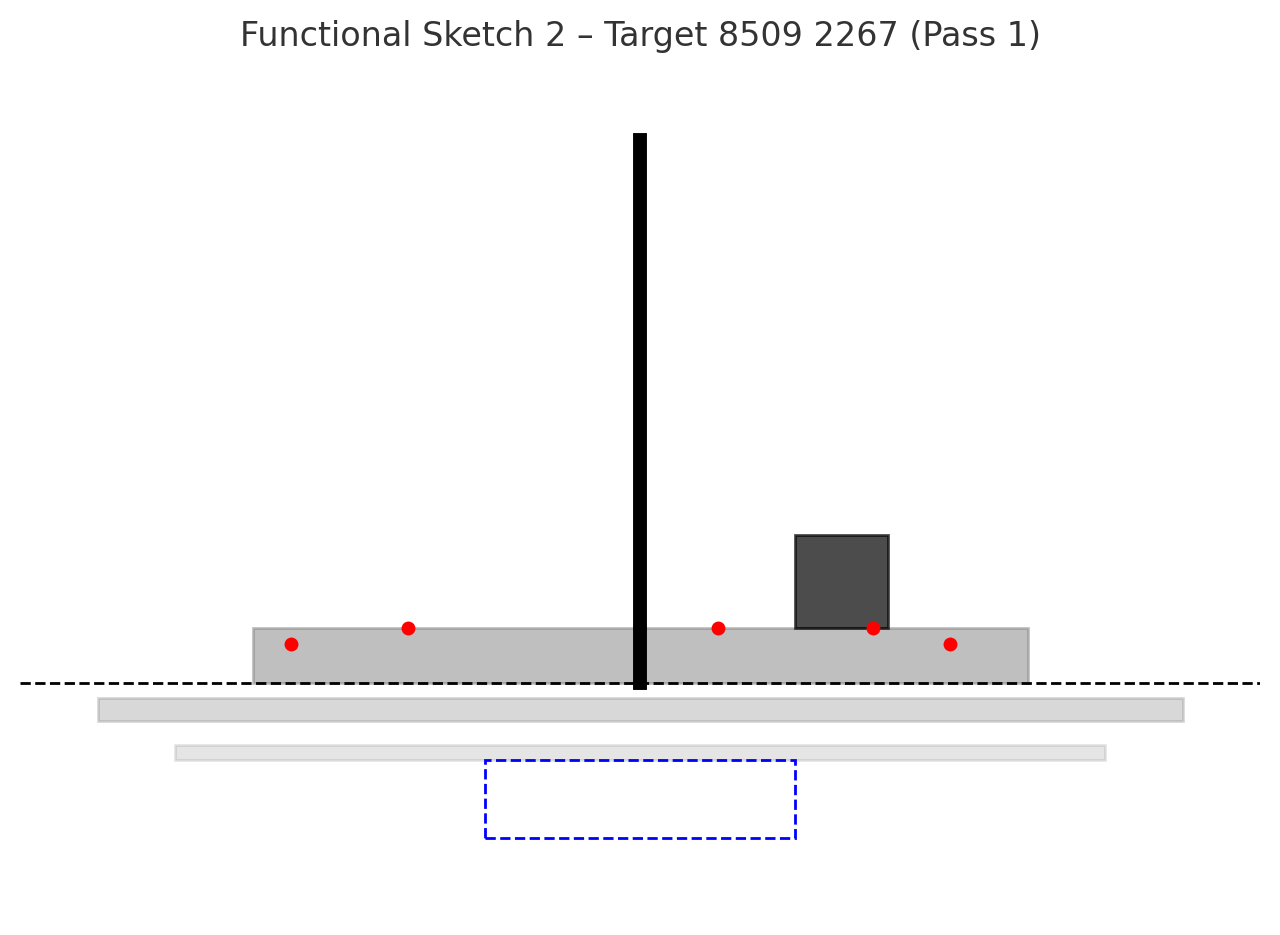 A tall vertical black structure rises from a broad grey base, extending across the horizon. A dark grey rectangular block is attached to the base on the right. Multiple small red dots mark human figures arranged near the platform edge. Below the structure, a blue dashed rectangle marks an underground chamber. A dotted black horizon line cuts across the image.