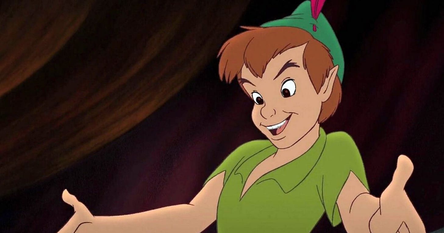 Peter Pan. A young boy wearing green. His green cap holds a red feather. He looks pleased with himself and has his arms outstretched.