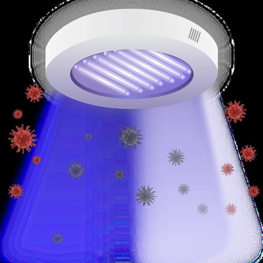 Illustration of a ceiling-mounted far-UVC fixture casting light into a room, inactivating airborne virus particles below it. Illustration of a ceiling-mounted far-UVC fixture casting light into a room, inactivating airborne virus particles below it.