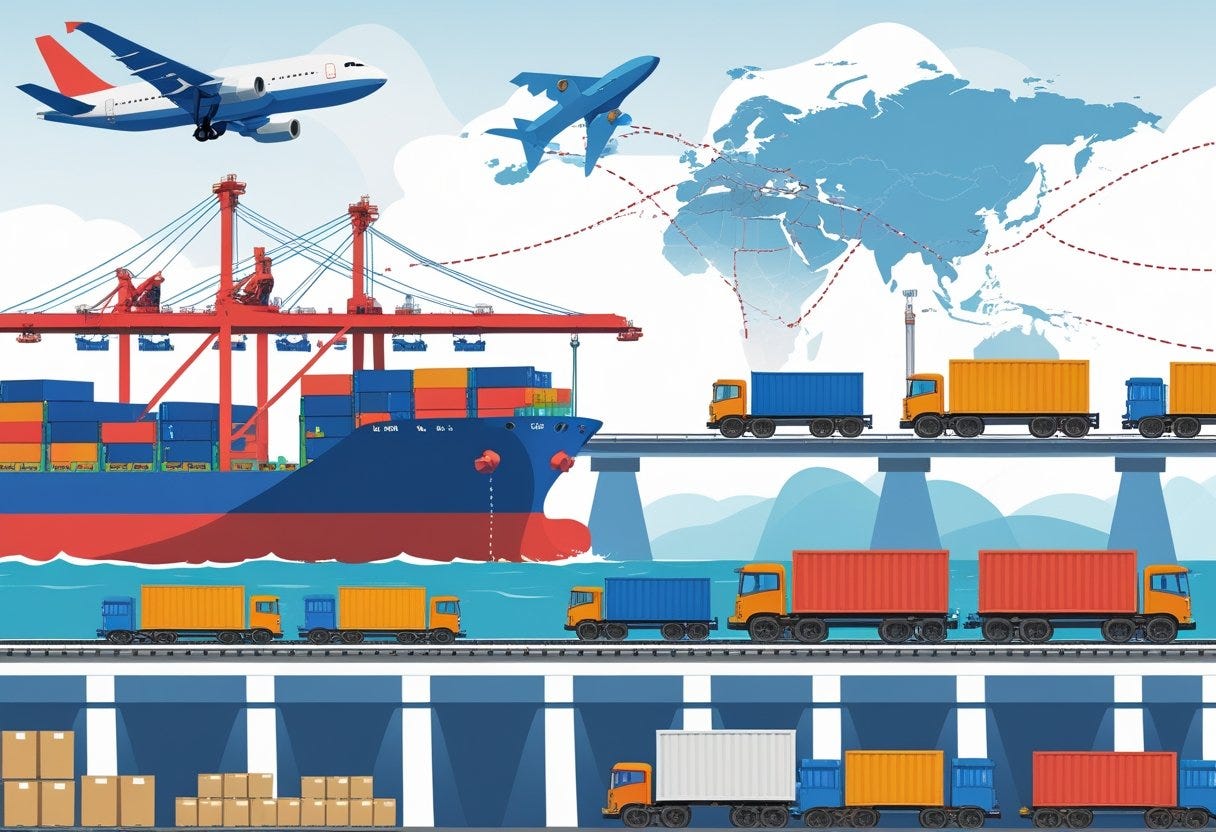 A cargo port with ships, an airplane, freight trains, and trucks transporting containers, illustrating various shipping methods from China to the USA. A cargo port with ships, an airplane, freight trains, and trucks transporting containers, illustrating various shipping methods from China to the USA.
