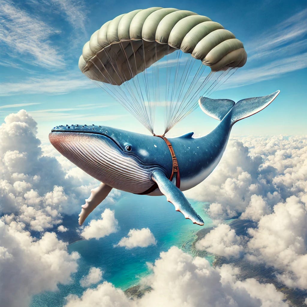 A majestic whale skydiving through the clouds with a standard parachute. The whale has a joyful expression, gracefully falling through the bright blue sky with fluffy white clouds. The scene is whimsical and surreal, capturing the wonder of an unexpected adventure.