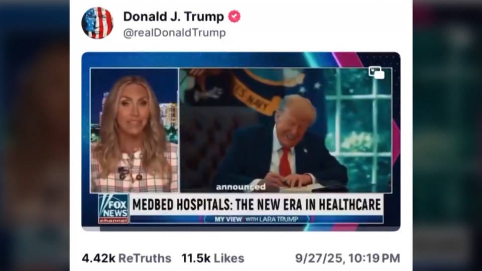 Screengrab of a fake fox news interview between lara trump and donald trump about medbeds