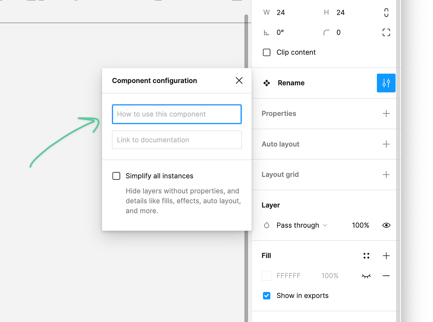 A close up example of where to find the component descriptions on Figma. A close up example of where to find the component descriptions on Figma.
