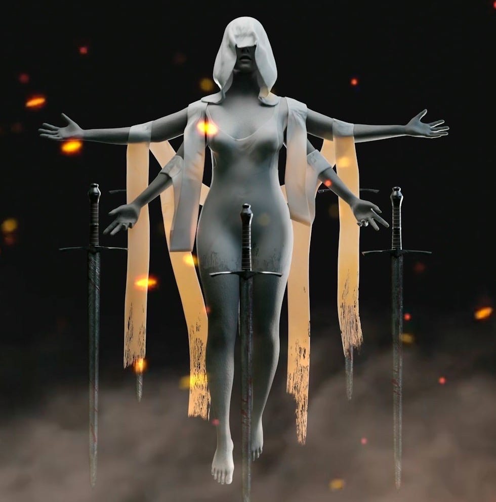 a woman standing in the fog with her arms outstretched