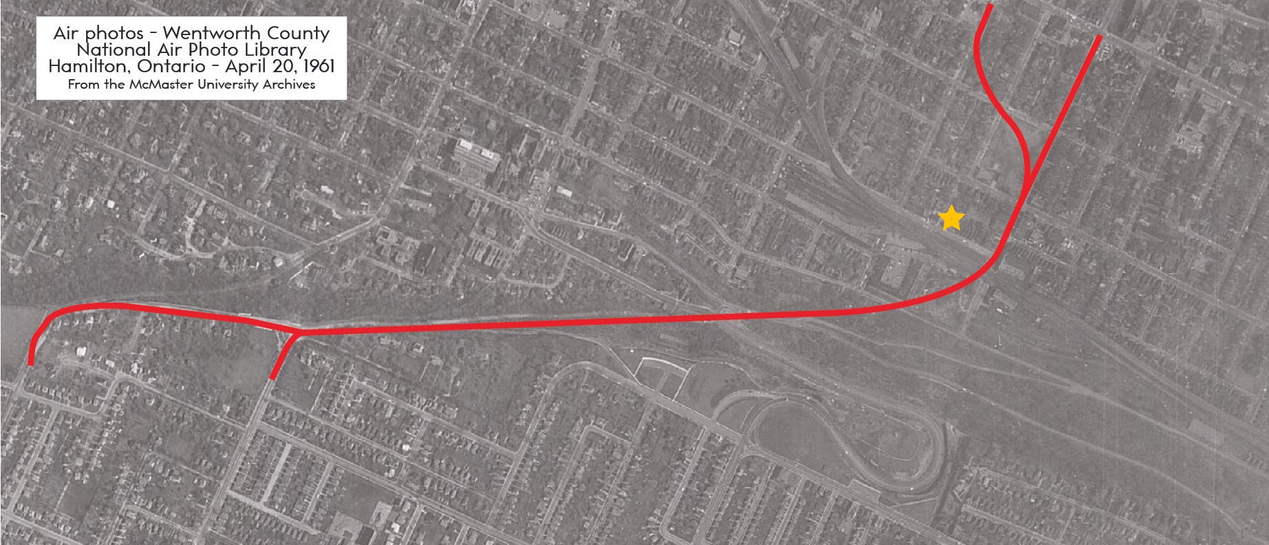 A map of the route of the Claremont Access with a star over the former Erl Family home.