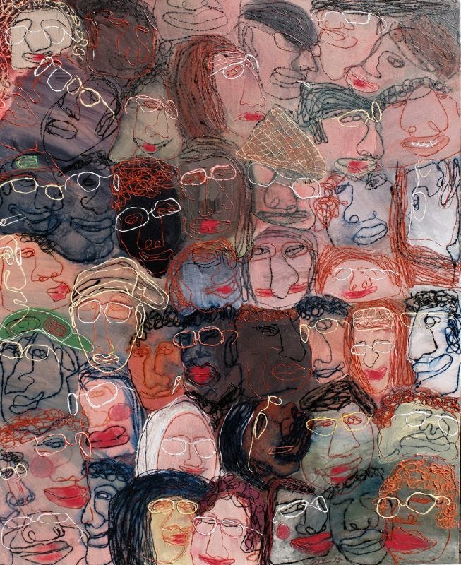 This may contain: an abstract drawing of many people with glasses
