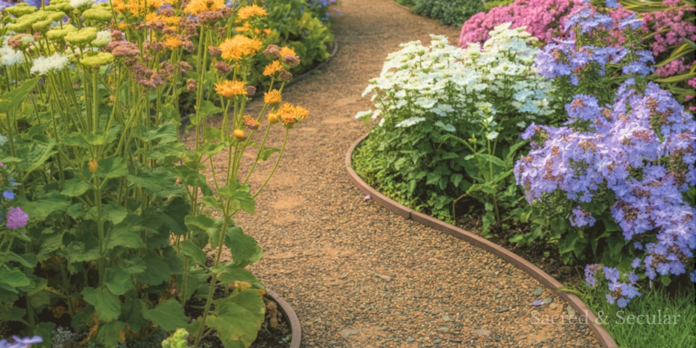 A winding path leads through a lush garden filled with colourful flowers and greenery, suggesting a journey towards a beautiful and longed-for destination.