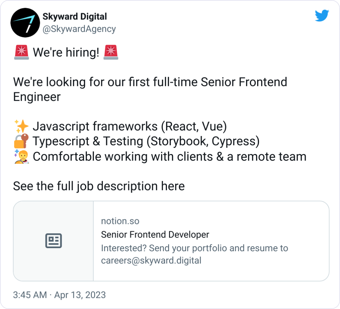 🚨 We're hiring! 🚨 We're looking for our first full-time Senior Frontend Engineer ✨ Javascript frameworks (React, Vue) 🔐 Typescript & Testing (Storybook, Cypress) 🧑🚀 Comfortable working with clients & a remote team See the full job description here 🚨 We're hiring! 🚨 We're looking for our first full-time Senior Frontend Engineer ✨ Javascript frameworks (React, Vue) 🔐 Typescript & Testing (Storybook, Cypress) 🧑🚀 Comfortable working with clients & a remote team See the full job description here