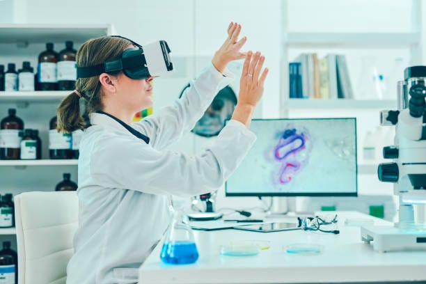 Where logic meets illusion Shot of a scientist using a virtual reality headset while conducting research in a laboratory AI and robotics healthcare stock pictures, royalty-free photos & images