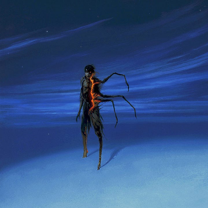 LEFT: Detail of THE DARK TOWER: MORDRED featuring a man caught mid-transformation changing into a spider. A crackle of orange energy divides human from spider. Against the cool blowing winds of the frozen landscape and drifting snow of the foreground, the warm shock of color sizzles. RIGHT: Close detail of THE DARK TOWER: MORDRED featuring Mordred taking a step forward mid-transformation as he morphs into a spider. A crackle of orange energy radiates up the right half which has already taken the form of grotesque, spindly limbs. His eye glows orange and his mouth is stretched open in a downturned arch. The raised heel of his human foot casts the same shadow as his spider leg.
