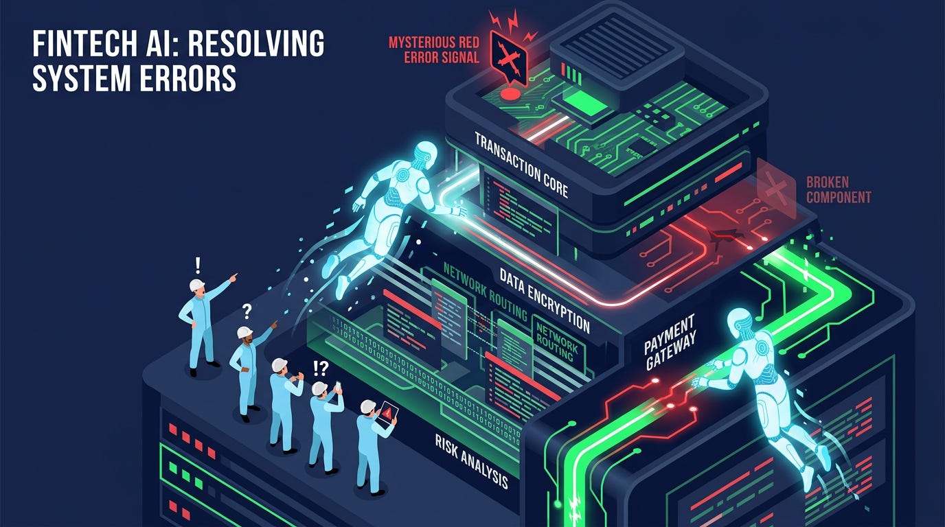 Flat isometric illustration of a large financial computer server with a mysterious red error signal, a glowing AI assistant tracing the signal through layers of code and finally connecting the broken components, small engineers watching in surprise, dark navy background, clean vector art style, bold green, red and white accents, modern fintech AI editorial aesthetic Flat isometric illustration of a large financial computer server with a mysterious red error signal, a glowing AI assistant tracing the signal through layers of code and finally connecting the broken components, small engineers watching in surprise, dark navy background, clean vector art style, bold green, red and white accents, modern fintech AI editorial aesthetic