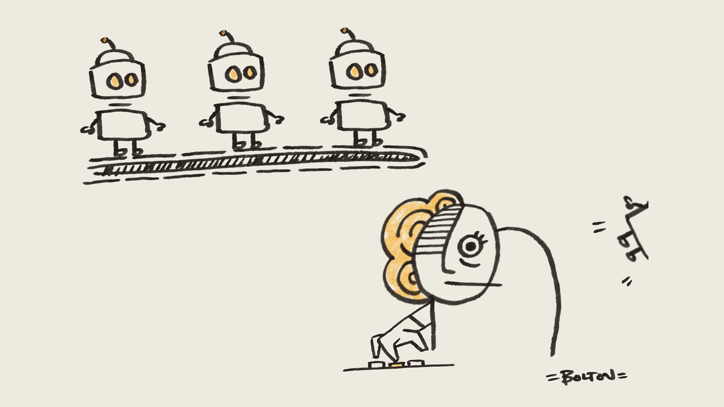 Animated cartoon of a conveyor belt repeatedly dropping AI robots onto a weary worker’s head as they keep pressing buttons. Illustration by Rachael Bolton Animated cartoon of a conveyor belt repeatedly dropping AI robots onto a weary worker’s head as they keep pressing buttons. Illustration by Rachael Bolton