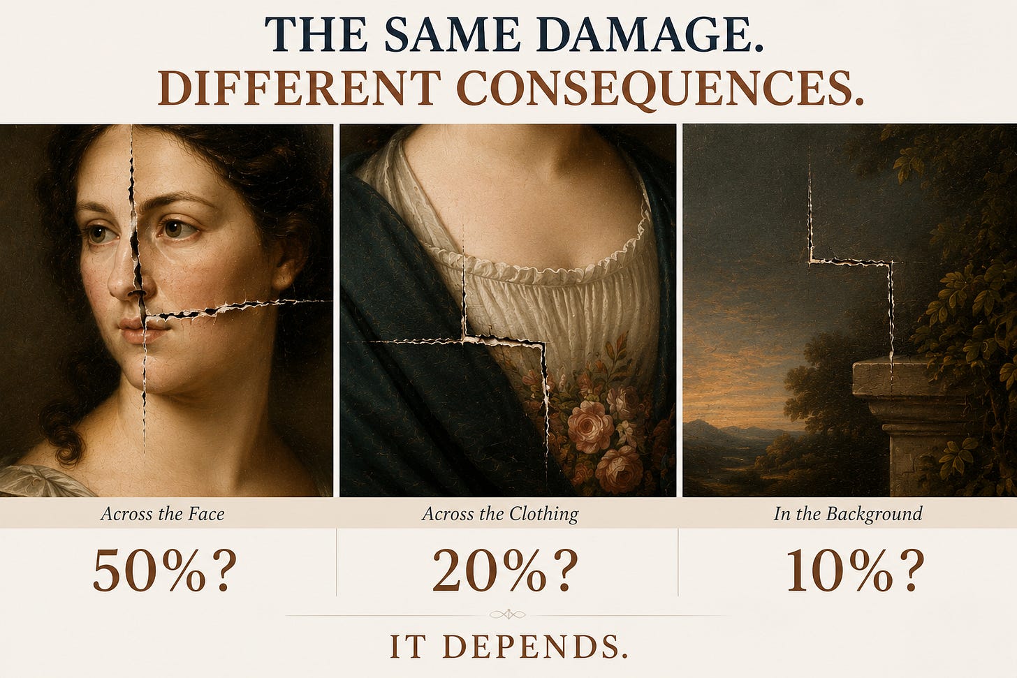 Illustration showing the same type of tear in three locations on a painting—across the face, clothing, and background—with different hypothetical percentages of loss in value, emphasizing that the impact of condition on value depends on context.