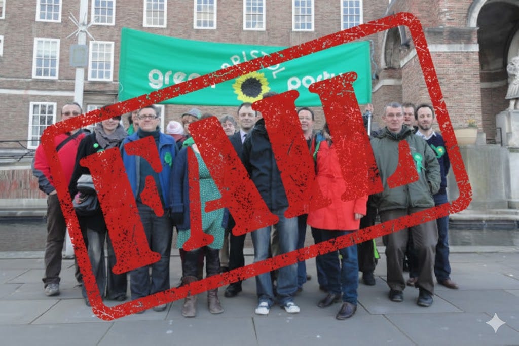 Bristol Green Party councillors and activists standing with Green Party banner stamped with large red "FAILED" text, representing Bristol City Council failures including £22 million deficit, blocked social housing, and street cleaning issues Bristol Green Party councillors and activists standing with Green Party banner stamped with large red "FAILED" text, representing Bristol City Council failures including £22 million deficit, blocked social housing, and street cleaning issues