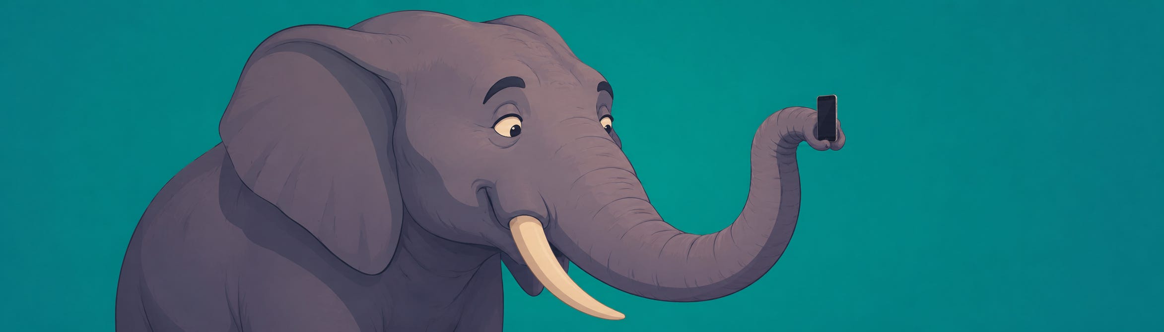 Illustration of a friendly elephant using its trunk to hold up a mobile phone against a teal background.