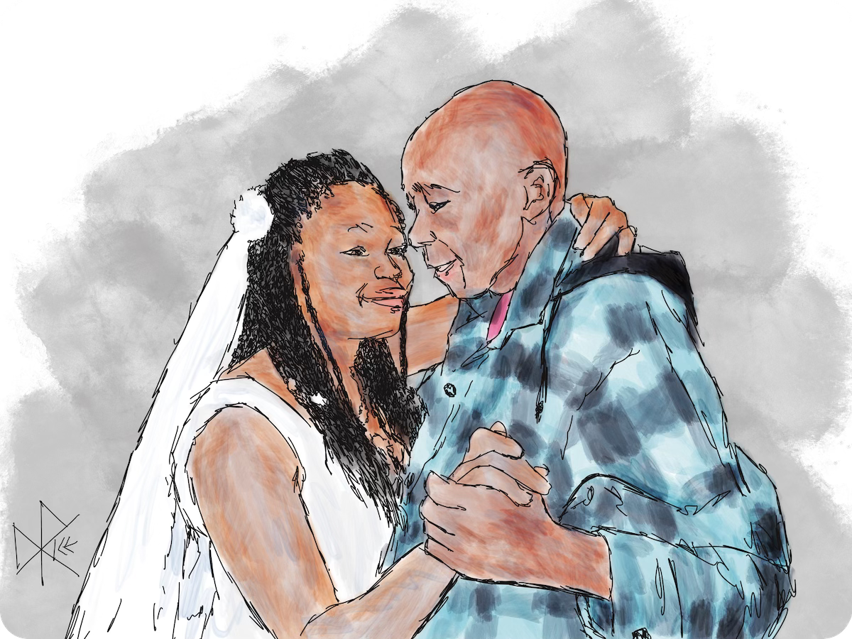 The bride dances at her wedding with her uncle, who became her foster-dad when his sister could not take care of her four year old girl (biological father unknown). Sketch art by Don Rice.