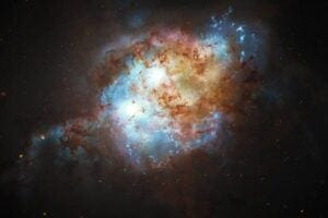 This artist's concept shows the brilliant glare of two quasars residing in the cores of two galaxies that are in the chaotic process of merging. The gravitational tug-of-war between the two galaxies ignites a firestorm of star birth.