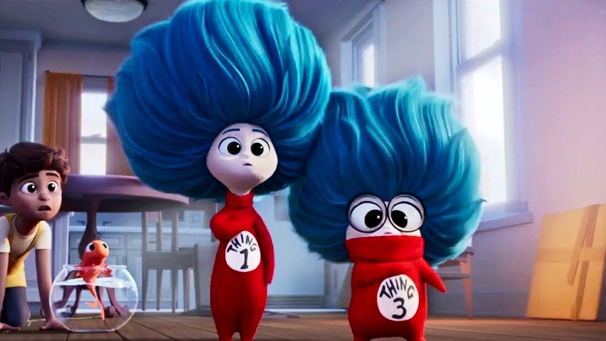 Thing 1 and Thing 3 in the main trailer for The Cat in the Hat. Image: Warner Bros. Pictures