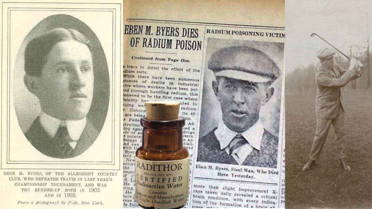 Composite image showing Radithor bottles and industrialist Eben Byers, a prominent victim of radium poisoning from radioactive tonics.