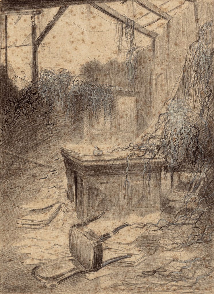 HENRIQUE ALVIM CORRÊA -Red Weed, from The War of the Worlds, Belgium edition, 1906 (illustration from Book II- The Earth Under the Martians, Chapter VI- "The Work of Fifteen Days,")