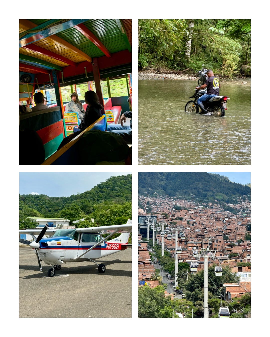 Medios de transporte en Colombia: chiva, moto, avionetas muy pequeñas y teleféricos.