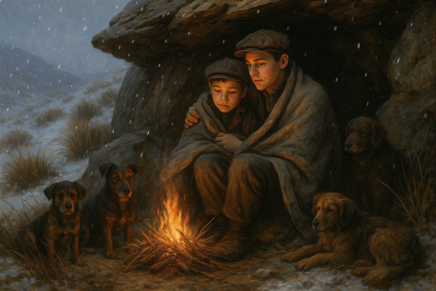 An imagined scene by ChatGPT of two boys aged 19 and 12 huddled in a rock shelter on a mountain - one blanket between them and a tussock fire in front of them. Some of their dogs are also in the picture. It is late in the day and snowing.
