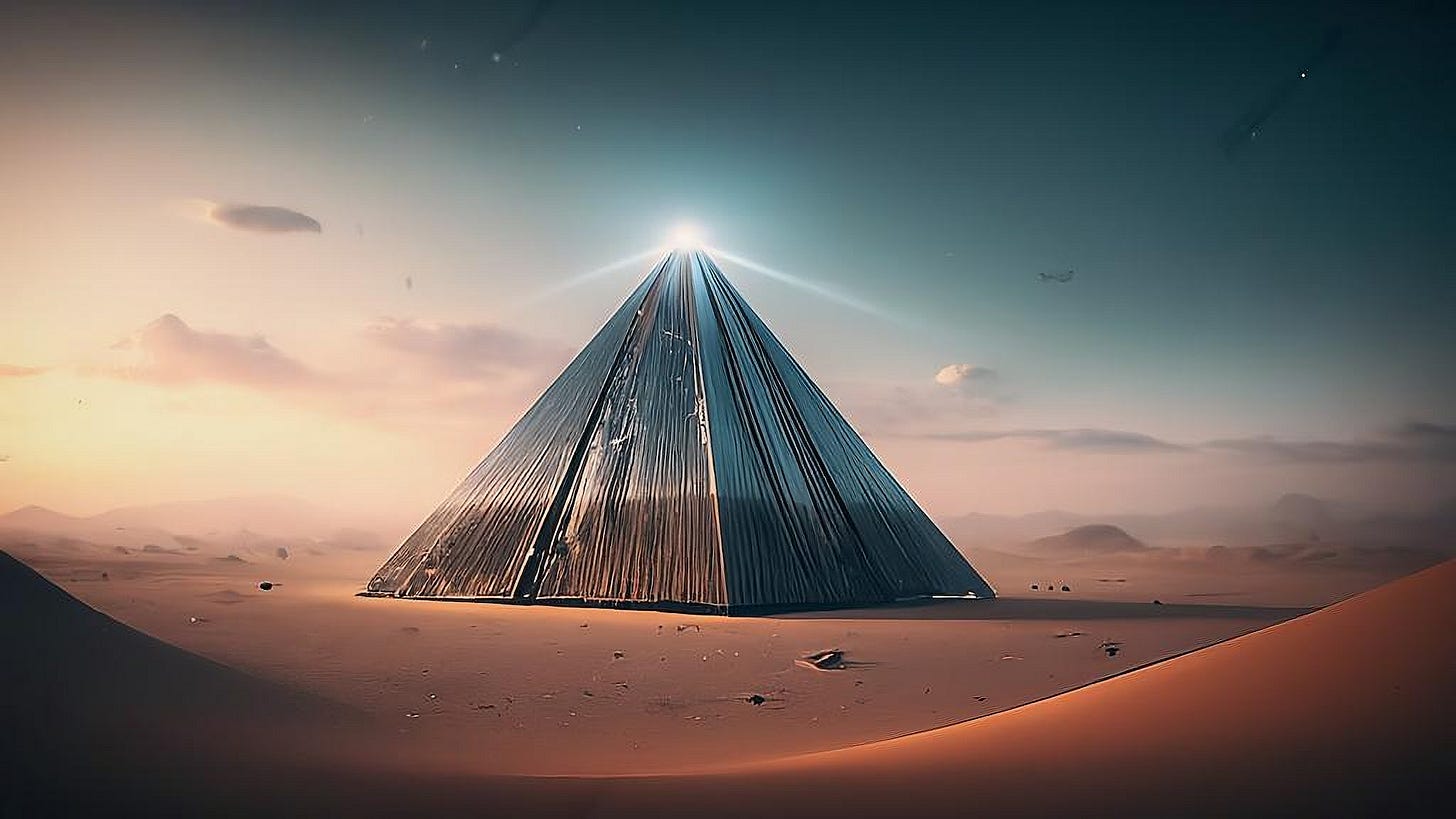 Image of a metallic pyramid in a desert with a glowing light atop it