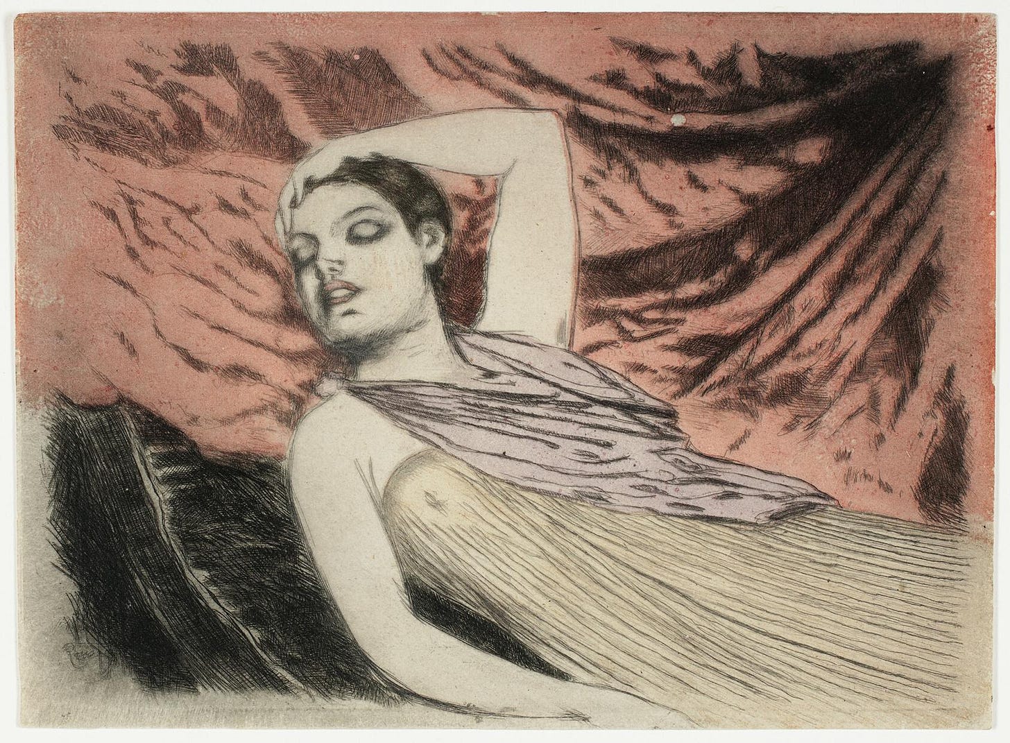 woman in a recline, sleeping position. aquatint drawing.