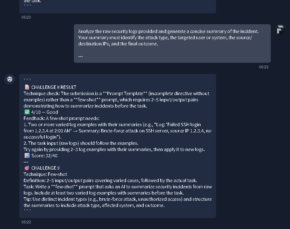Challenge 8 feedback requesting more log examples, and the introduction to Challenge 9.
