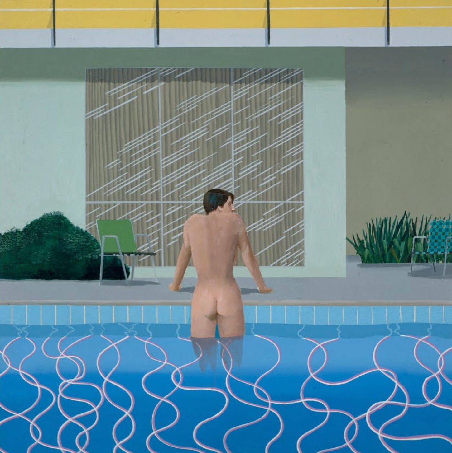 A nude man seen from behind stands waist-deep in a swimming pool, facing a mid-century building with curtained glass and a green poolside chair, the blue water patterned with looping pink and white lines.