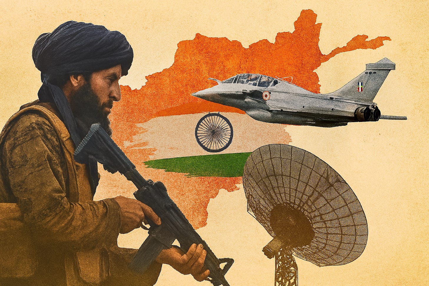 A symbolic geopolitical illustration showing Indian technical personnel working on radar and air defense systems at Afghan airports. The scene includes stylized depictions of Bagram Air Base, Kabul International Airport, and Kandahar Airport with radar towers and air defense units being reactivated. An Indian flag is subtly present on equipment crates. In the background, a map overlay highlights India and Afghanistan with radar waves extending between them. The mood is tense but technical, suggesting strategic cooperation under observation.