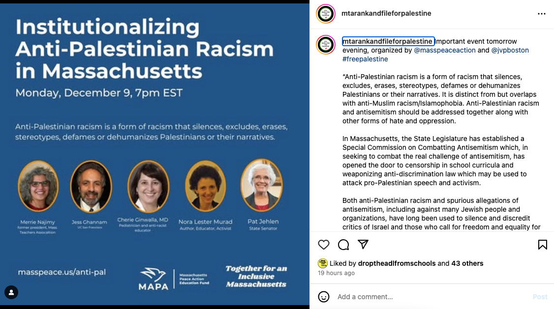 Institute for the Understanding of Anti-Palestinian Racism and Massachusetts Peace Action: the Special Commission on Anti-Semitism is about "codifying Zionism" and protecting Israel - not antisemitism