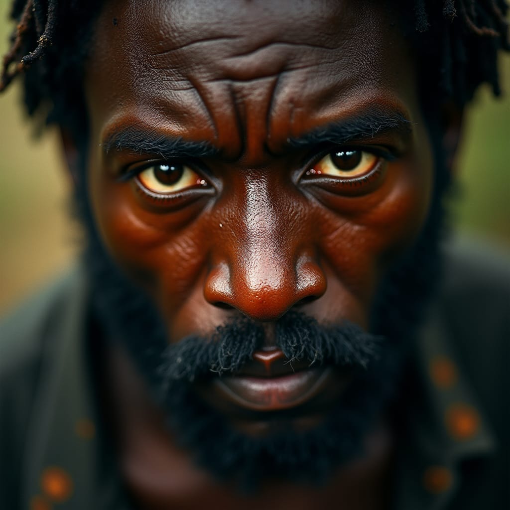 Intense close-up portrait of a rugged Jamaican ghetto man, worn from the harsh realities of life, with deep lines etched on his weathered face, his eyes telling a story of resilience and struggle. Shot on a V-Raptor XL camera, the image exudes a cinematic quality, reminiscent of the gritty realism of filmmakers like Ryan Coogler and Steve McQueen.
