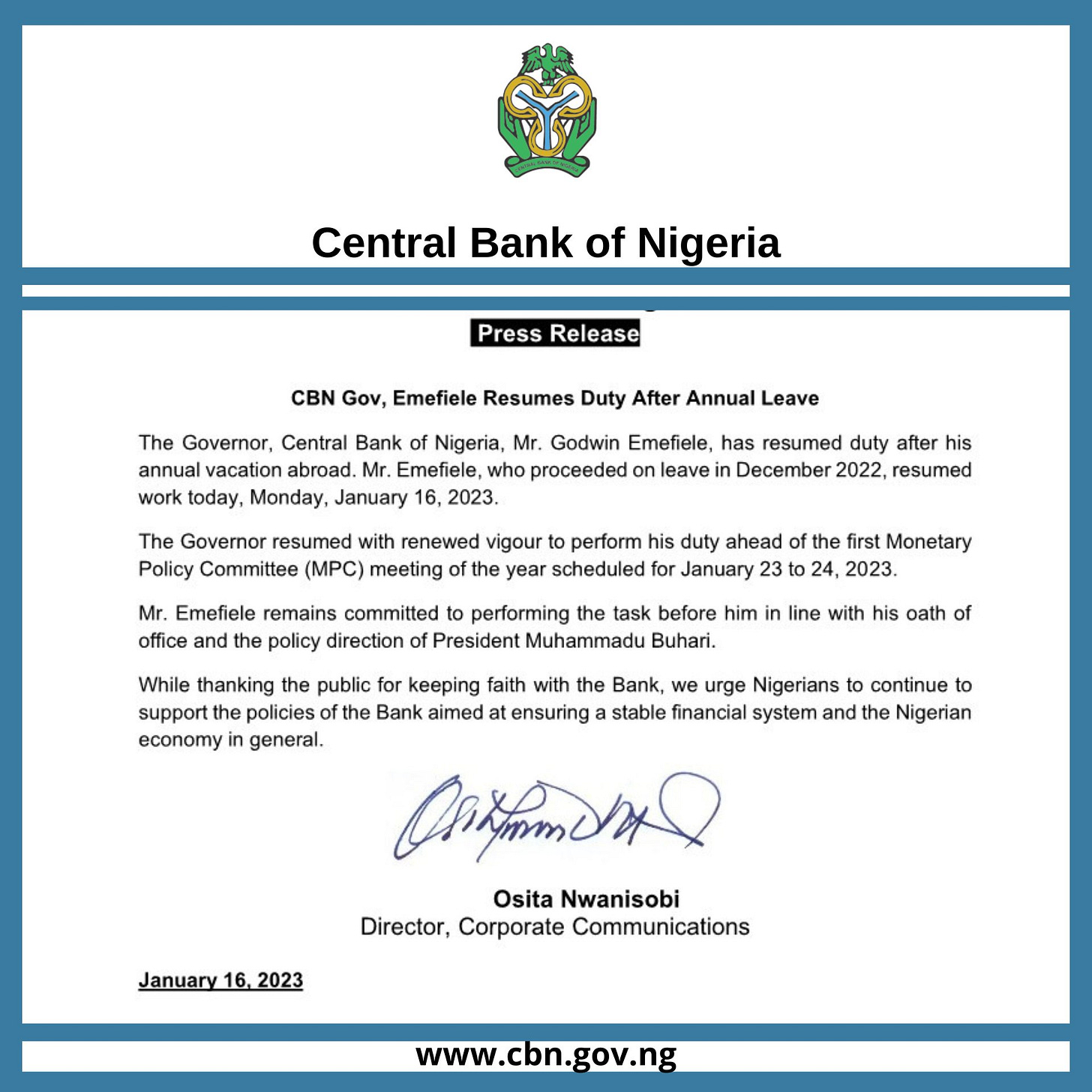 Memo announcing Emefiele's resumption