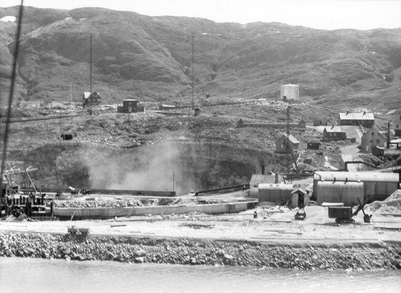 The Ivittuut/Ivigtut Cryolite Mine in Greenland, c. 1941, the world's sole source of cryolite, crucial for U.S. aluminum production during World War II.