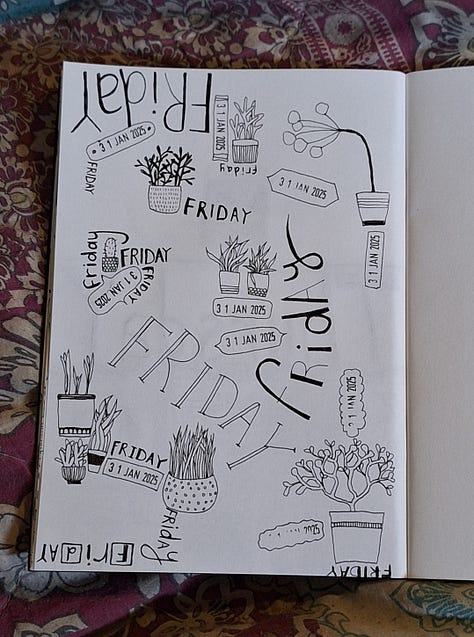 A number of pages of black ink drawings and writing with the date stamped and drawings and words for each day, including patterns, mark making, doodles and some little scenes.