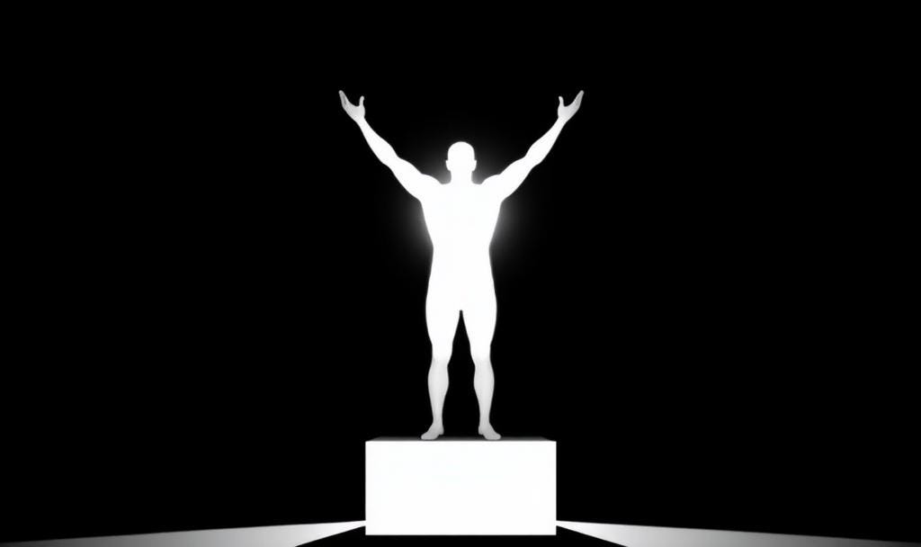 Triumphant silhouette on a pedestal, symbolizing the Absoluteness of Romantic Realism.