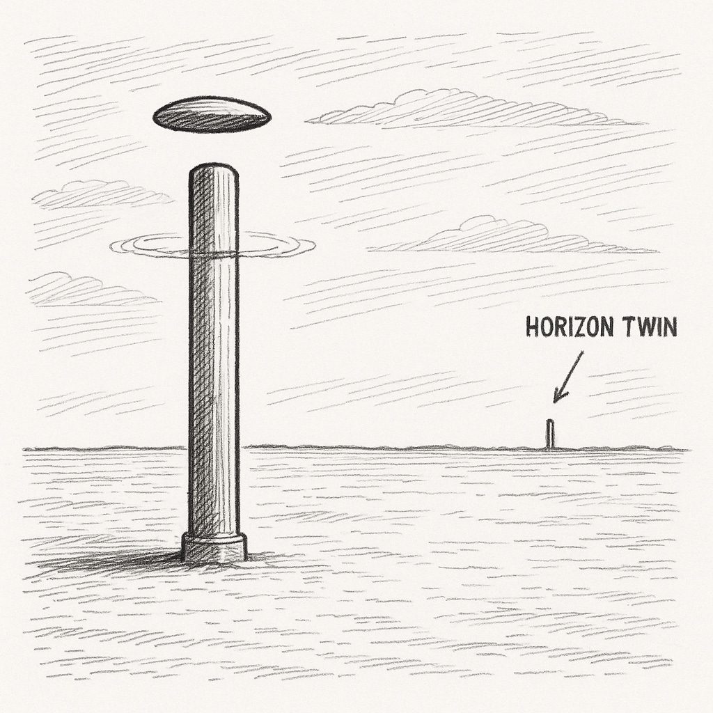Black and white sketch of a tall vertical tower with a disc hovering above it. On the distant horizon, a smaller similar tower is visible, labeled “Horizon Twin
