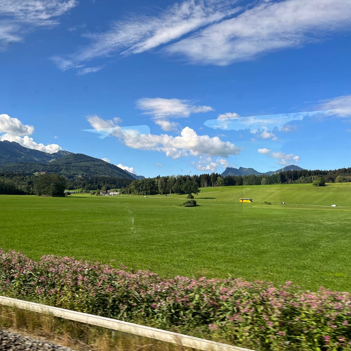 Photos taken out of a train carriage looking at summer Bavarian landscape