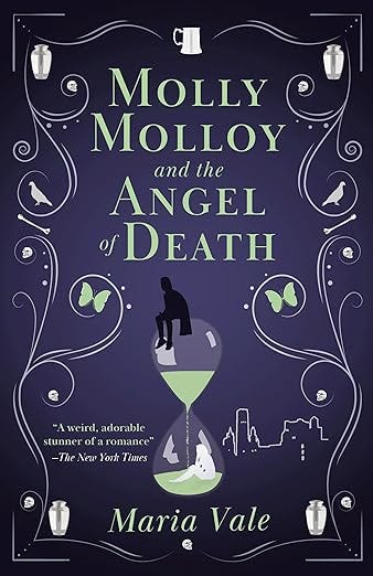 The illustrated cover of Molly Molloy and the Angel of Death is black and navy blue with white and green accents, and shows a black figure sitting atop an hourglass, surrounded by images representing death and time.