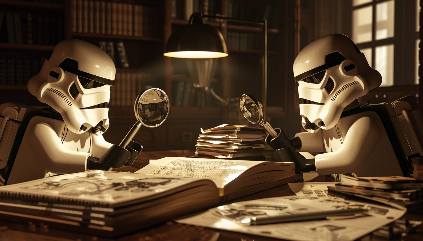 Two Lego Stormtroopers poring over documents with magnifying glasses in a dimly-lit room Two Lego Stormtroopers poring over documents with magnifying glasses in a dimly-lit room