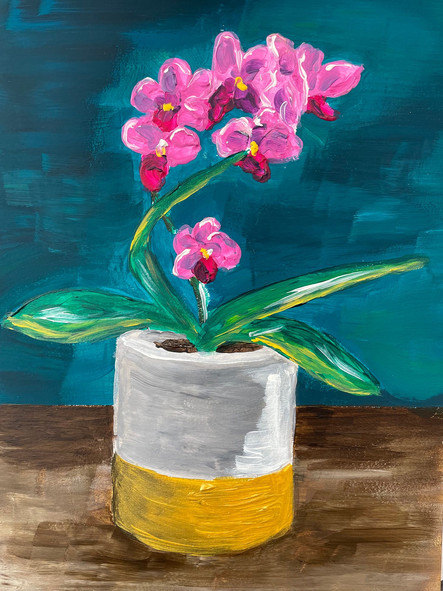 An acrylic painting in the impasto style of a pink orchid in a pot against a teal background; painted by Sanjida O'Connell