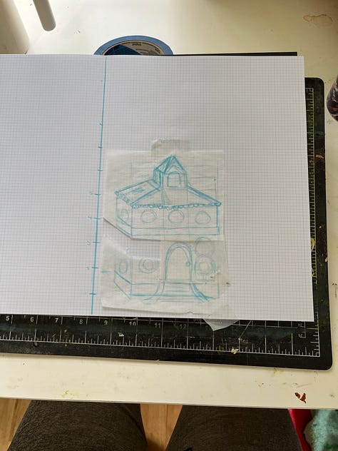 three images of a drawing of a building, cut and reassembled