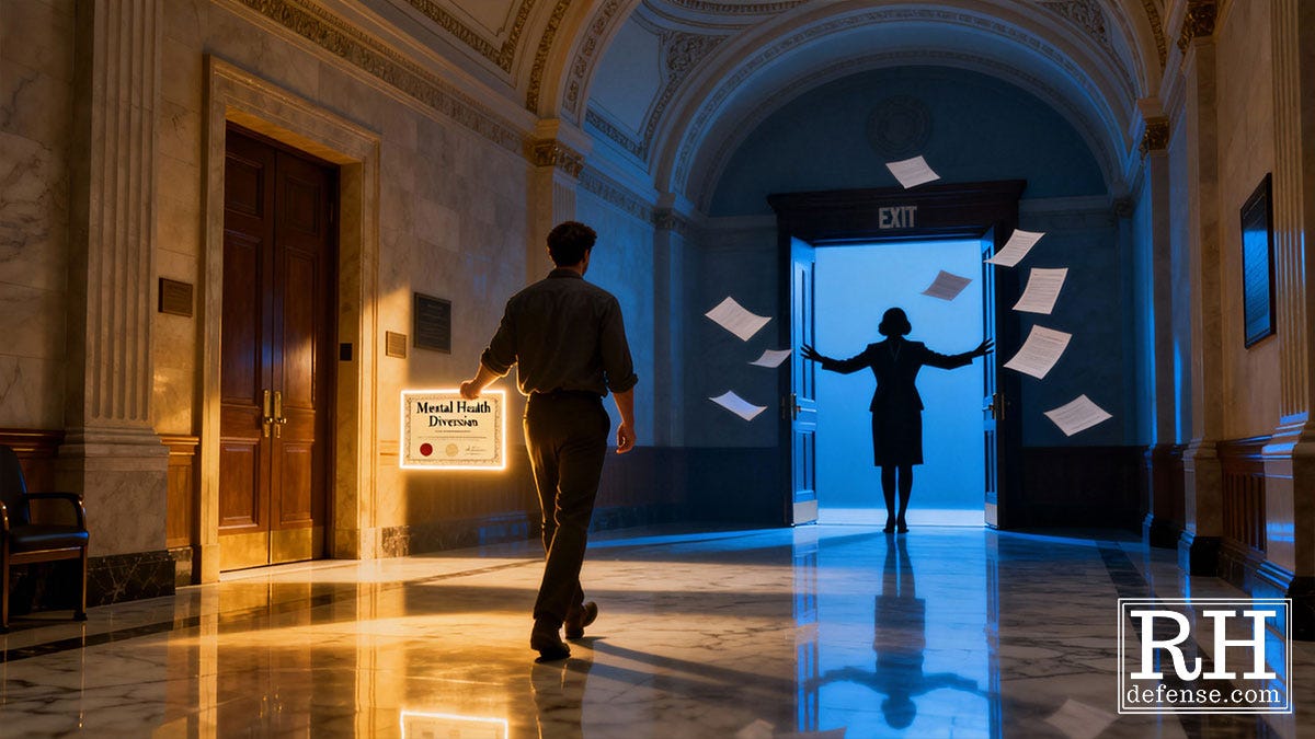A man walks down a polished courthouse hallway holding a framed “Mental Health Diversion” certificate. At the far end, a woman stands silhouetted in the doorway under an illuminated exit sign as loose sheets of paper float around her. The scene is lit with warm and cool tones, emphasizing the contrast between the courthouse interior and the bright light outside the doorway.